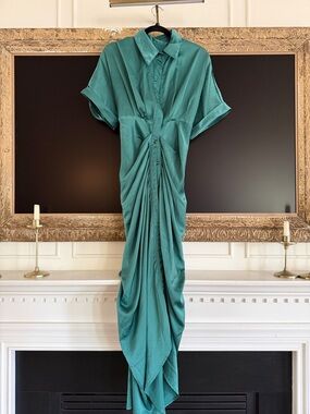 Elegant Teal Shirt Dress with Draped Front